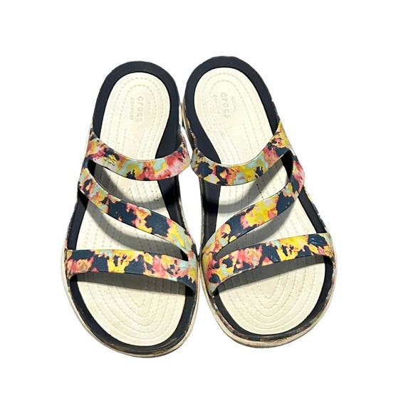 CROCS Women's Floral Colorful Navy Blue 3 Strap Rubber Outdoor Sandal-Size 10 - Picture 3 of 7